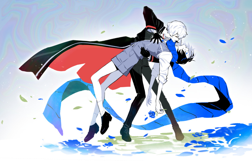 2boys, ankle_socks, black_coat, black_gloves, black_hair, black_pants, black_shoes, blue_eyes