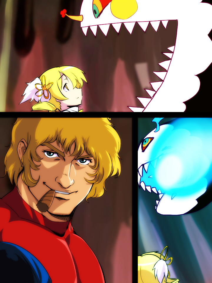 blonde_hair, blue_eyes, charlotte_(madoka_magica), cigar, cobra, comic, crossover, drill_hair