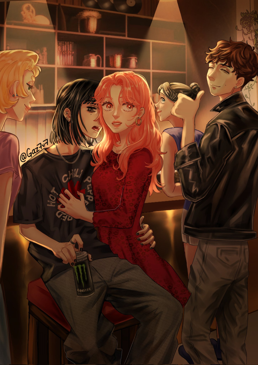 1boy, 4girls, ^_^, arm_rest, band_shirt, bar_(place), black_eyes, black_hair