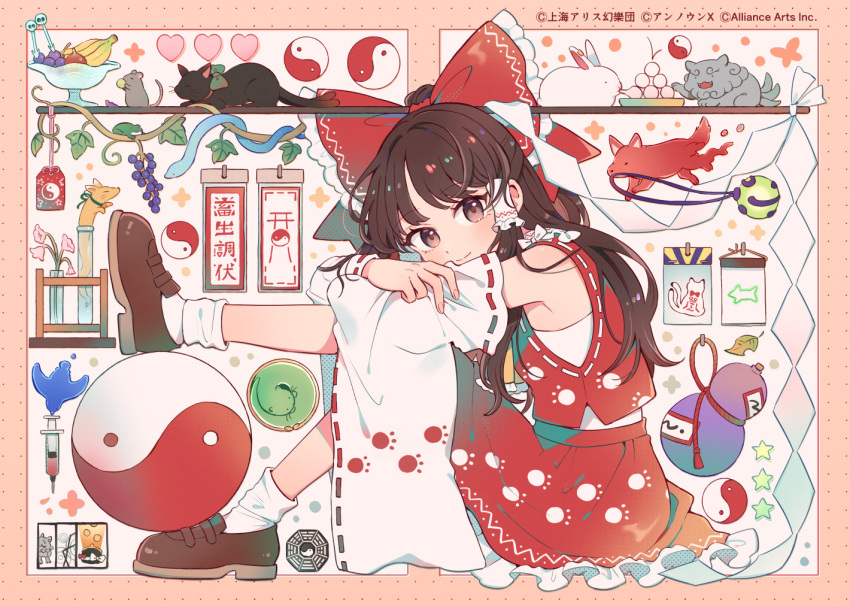 1girl, ascot, banana, black_cat, bow, brown_eyes, brown_hair, cat