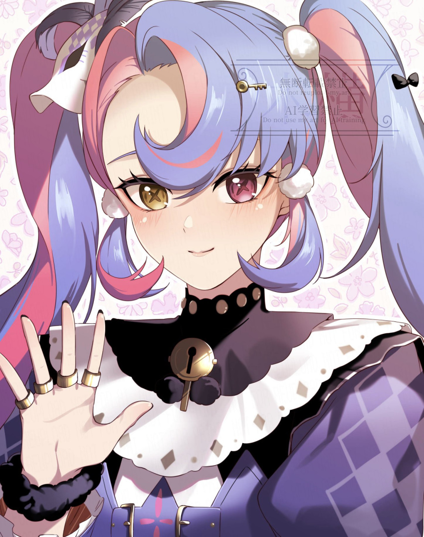1girl, closed_mouth, commentary_request, eye_mask, fingernails, heterochromia, highres, key_hair_ornament