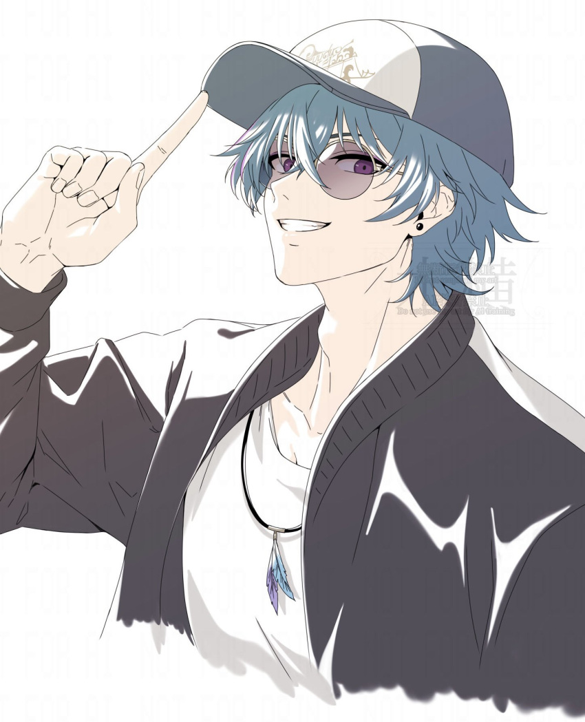 1boy, alternate_costume, baseball_cap, black_jacket, blue_hair, brant_(wuthering_waves), collarbone, cropped_torso