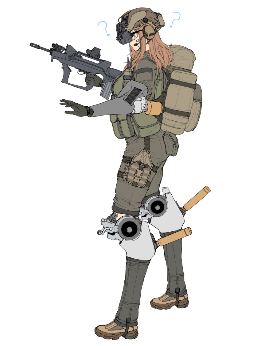 1girl, ?, android, assault_rifle, backpack, bag, brown_eyes, brown_hair