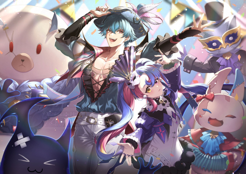 1boy, 1girl, :d, black_collar, blue_hair, blue_shirt, brant_(wuthering_waves), collar