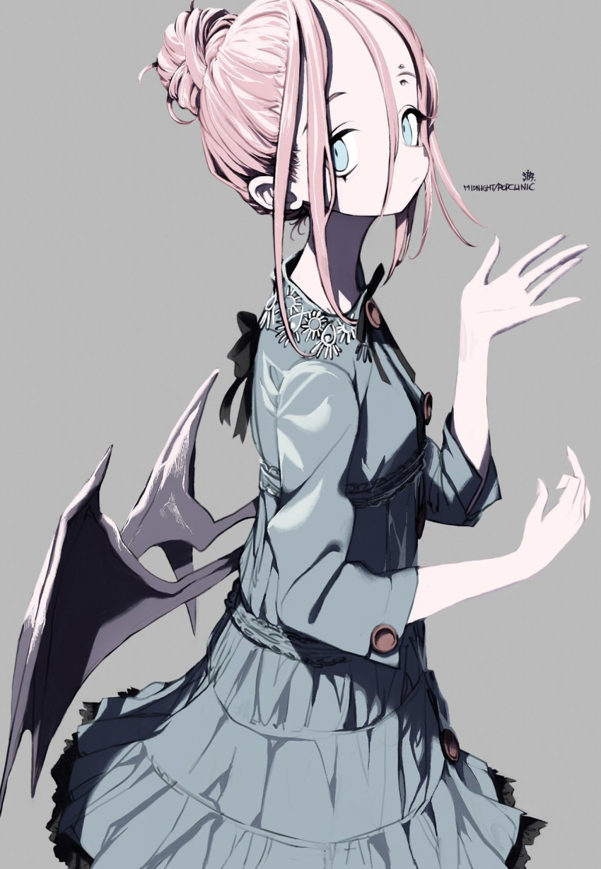 1girl, artist_name, bat_girl, bat_wings, blue_dress, blue_eyes, closed_mouth, cowboy_shot