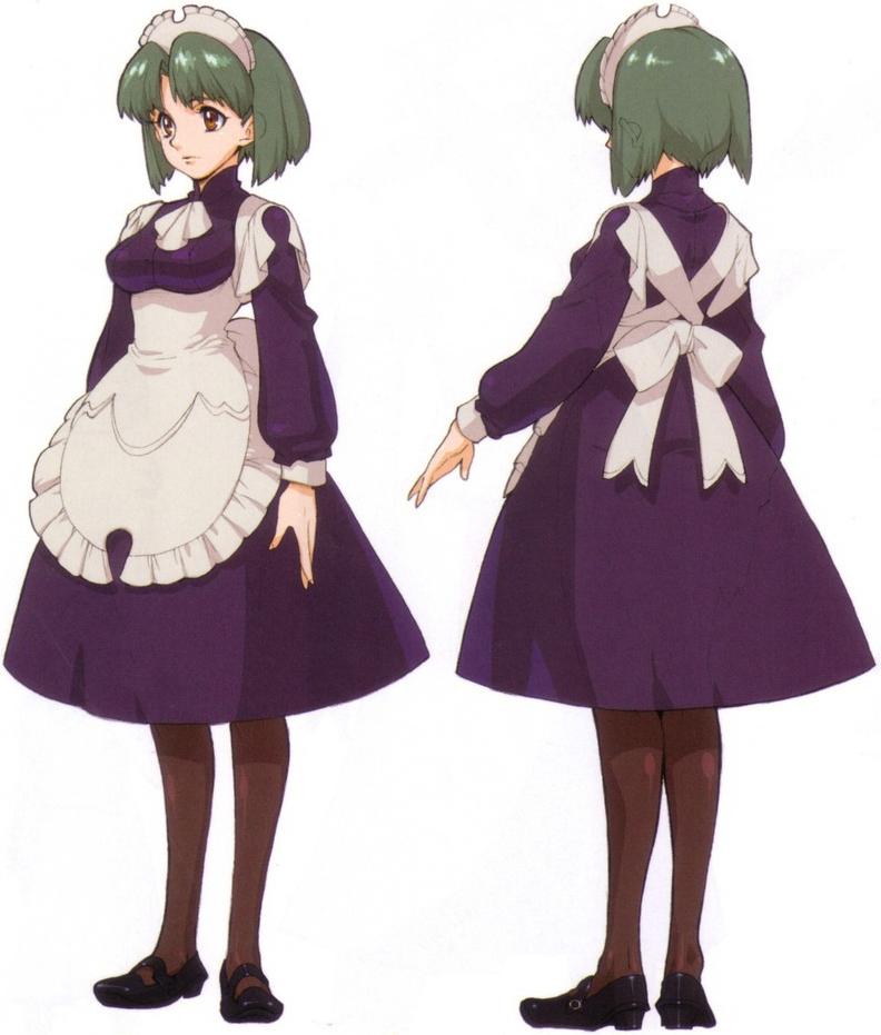 1girl, apron, blue_dress, bow, brown_eyes, character_sheet, dress, female