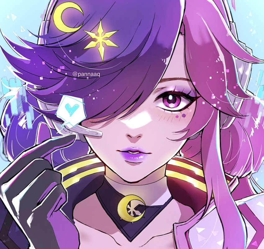 1girl, blush, crescent, crescent_hair_ornament, gloves, hair_ornament, hair_over_one_eye, highres
