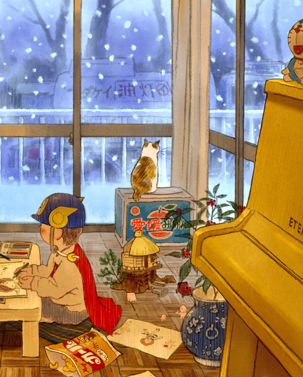 1boy, animal, bag_of_chips, balcony, blue_hat, blush, box, brown_hair