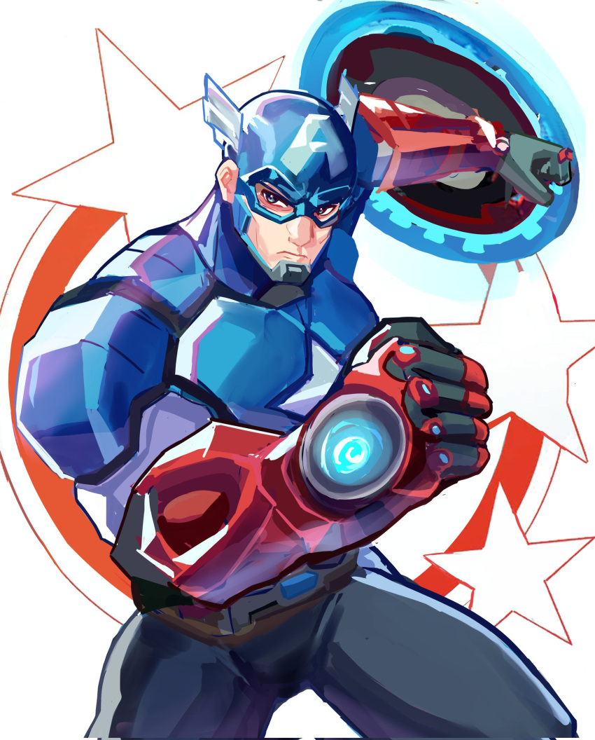 1boy, animification, armor, avengers_(series), belt, blue_bodysuit, blue_eyes, bodysuit