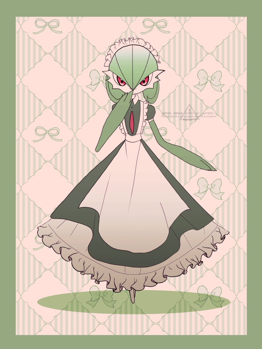1girl, apron, artist_name, bob_cut, border, bow, closed_mouth, clothed_pokemon, collared_dress, colored_skin, commentary_request, dress, flat_chest, frilled_apron, frilled_dress, frills, full_body, gardevoir, gayp4453_(pmtk071), green_border, green_dress, green_hair, green_skin, hair_between_eyes, hand_to_own_mouth, hand_up, happy, highres, long_dress, looking_at_viewer, maid, maid_apron, maid_headdress, multicolored_skin, no_feet, pokemon, pokemon_(creature), puffy_short_sleeves, puffy_sleeves, red_eyes, short_hair, short_sleeves, smile, solo, standing, straight-on, twitter_username, two-tone_skin, watermark, white_apron, white_skin