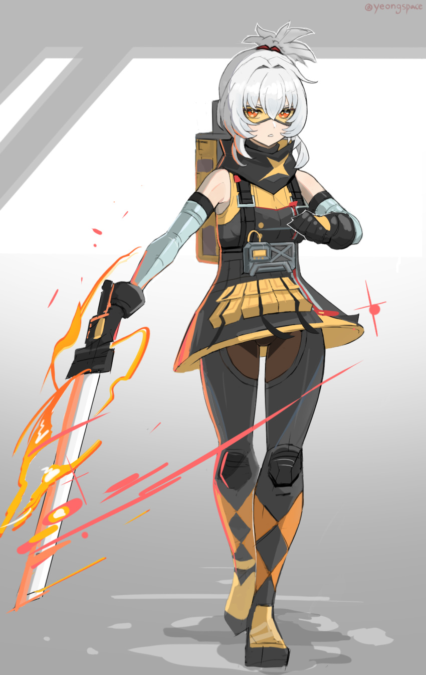1girl, bare_shoulders, black_gloves, dress, elbow_gloves, full_body, gloves, goggles, grey_hair, highres, looking_at_viewer, ponytail, red_eyes, scar, soldier_11_(zenless_zone_zero), sword, weapon, yeongspace, zenless_zone_zero