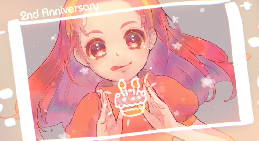 1girl, :d, anniversary, bare_arms, birthday_cake, border, brown_border, brown_eyes