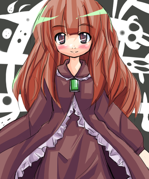 1girl, black_background, blush, brown_dress, brown_eyes, brown_hair, brown_robe, chest_jewel
