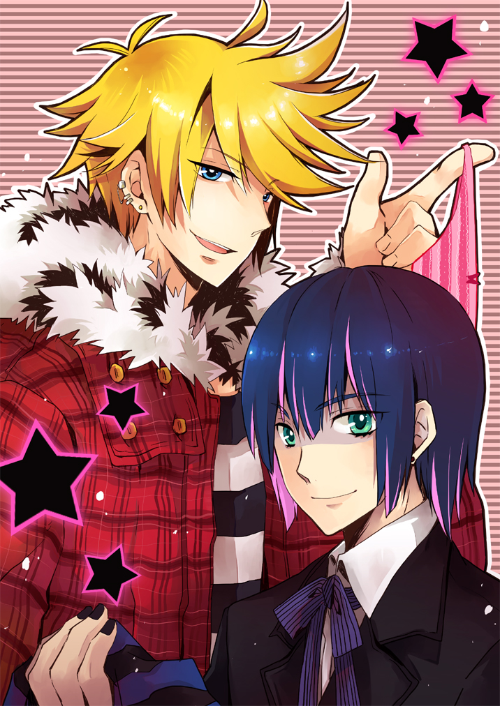 2boys, black_nails, blue_hair, brothers, earrings, formal, fur_trim, genderswap