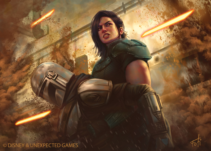 1boy, 1girl, anthonyfoti, armor, battle, black_hair, cara_dune, clenched_teeth, copyright_name, din_djarin, helmet, highres, laser, mandalorian, mandalorian_armor, mandalorian_helmet, outdoors, short_hair, star_wars, teeth, the_mandalorian