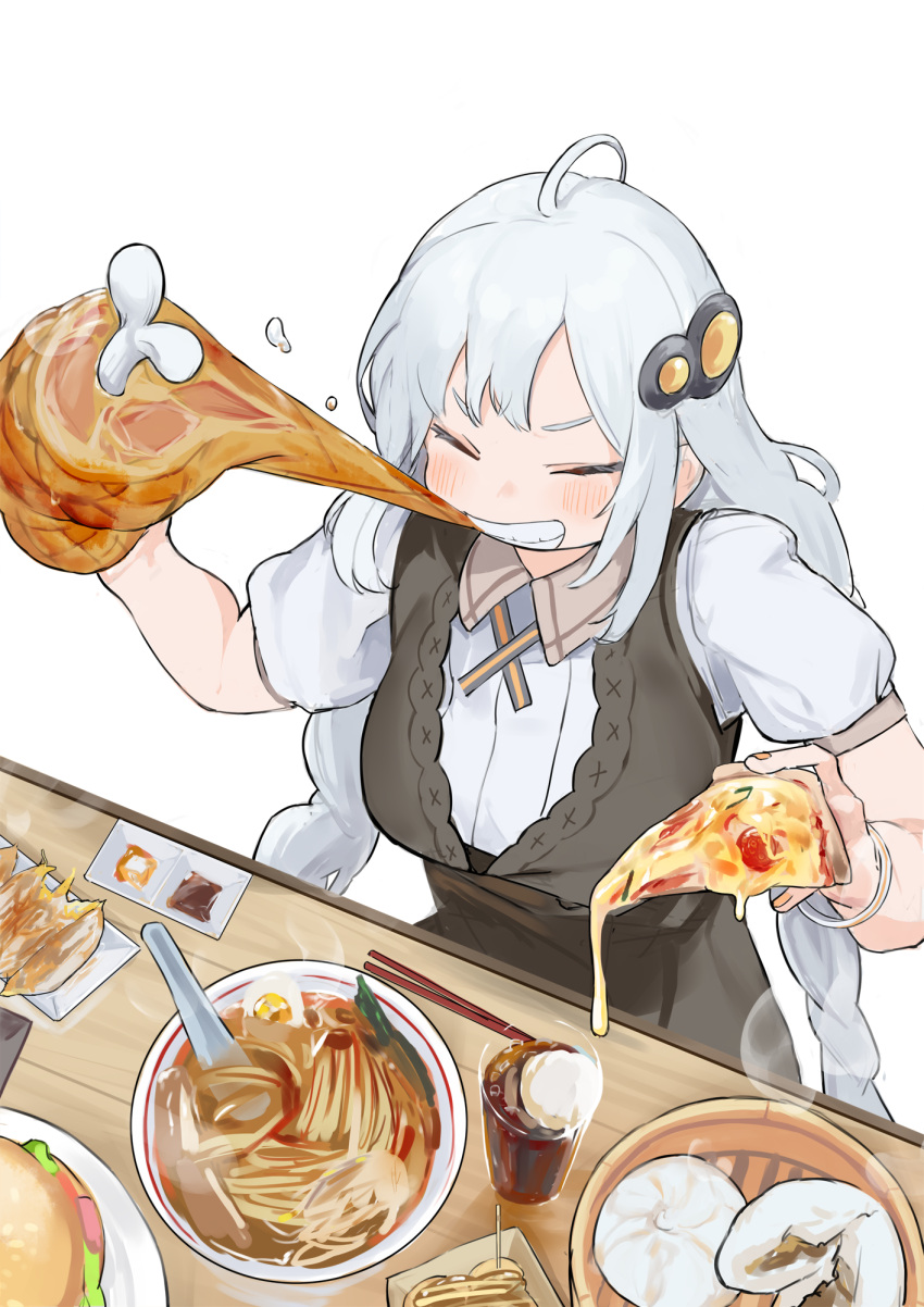 1girl, ahoge, black_dress, blush, bone, boned_meat, bowl, braid