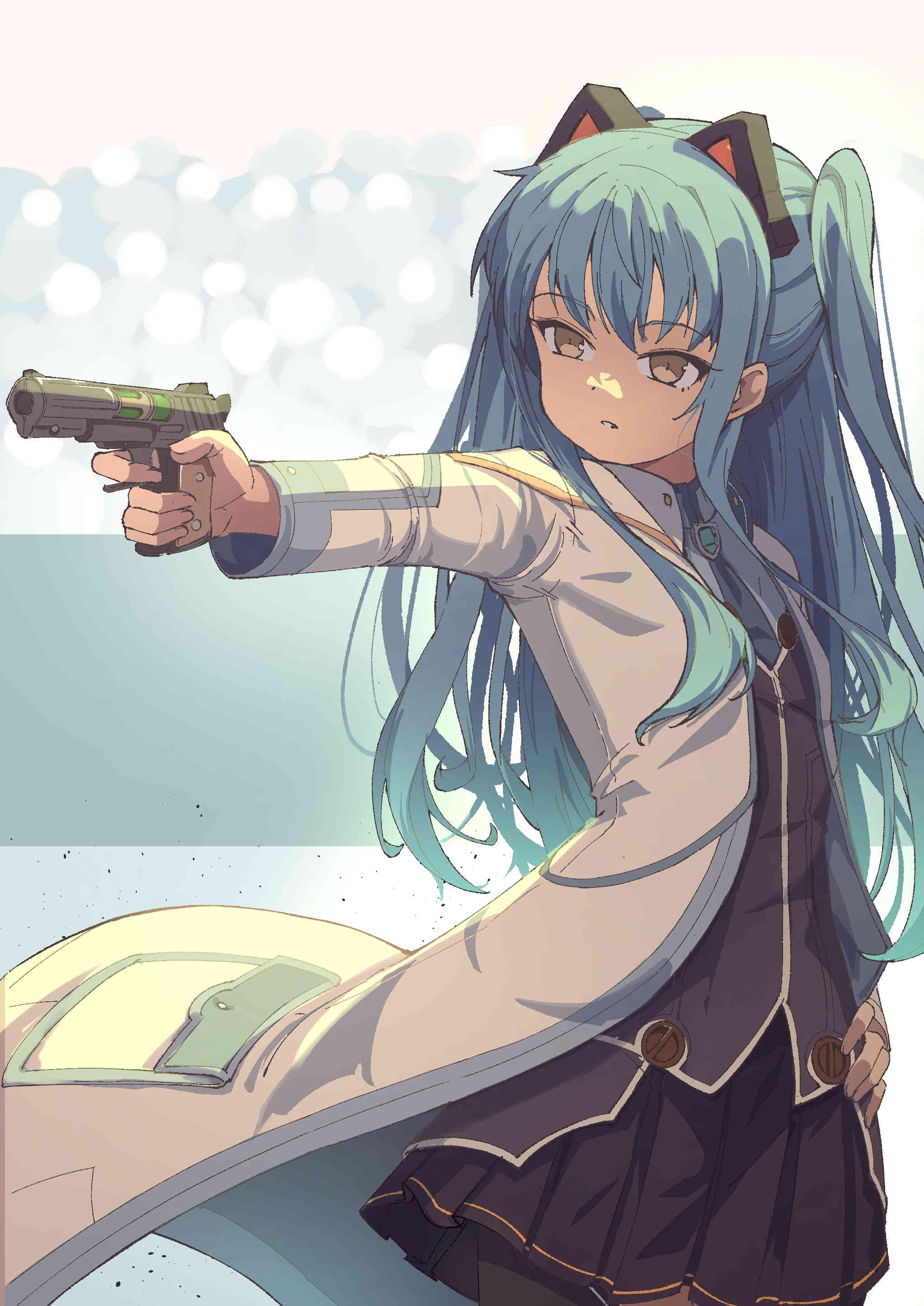 1girl, 2024_summer_olympics, absurdres, animal_ear_hairband, animal_ear_headphones, animal_ears, black_thighhighs, blue_hair, cat_ear_hairband, cat_ear_headphones, cat_ears, cat_hair_ornament, commentary, commission, eiyuu_densetsu, english_commentary, fake_animal_ears, gun, hair_ornament, hairband, hand_on_own_hip, headphones, highres, holding, holding_gun, holding_weapon, lab_coat, long_hair, meme, naisu_(nai_su01), olympics, open_mouth, sen_no_kiseki_(series), sen_no_kiseki_iii, solo, thigh-highs, tio_plato, twintails, two_side_up, weapon, yellow_eyes, yusuf_dikec_(meme), zero_no_kiseki