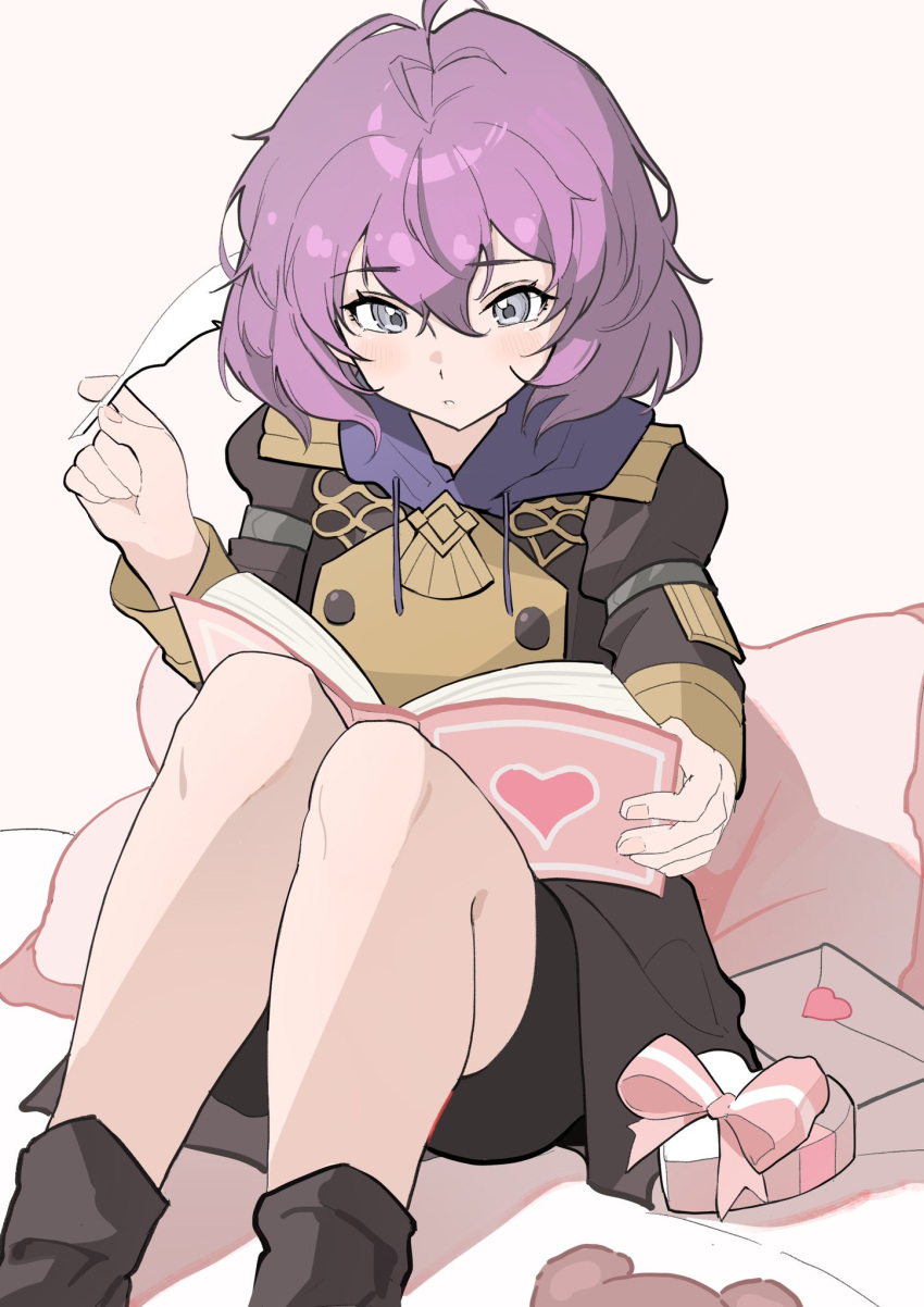 1girl, bernadetta_von_varley, bike_shorts, blush, book, fire_emblem, fire_emblem:_three_houses, garreg_mach_monastery_uniform