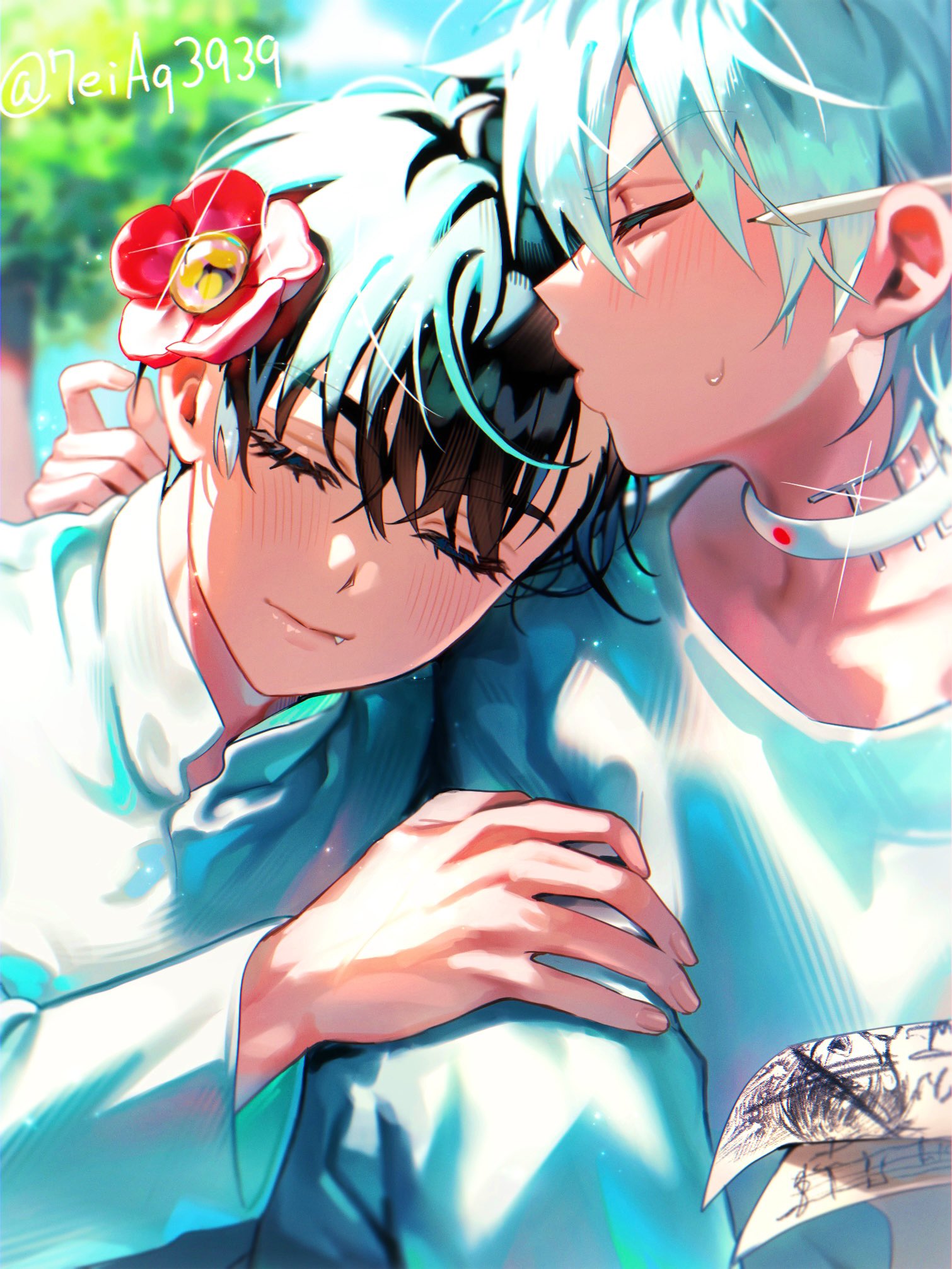 2boys, 7eiaq3939, alien_stage, artist_name, birthday, black_hair, blush, choker