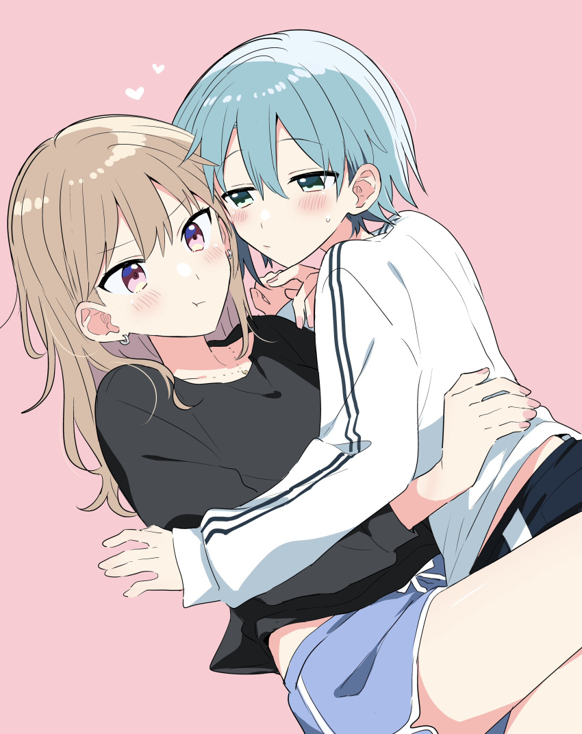 2girls, absurdres, animal_ears, black_shirt, black_shorts, blue_eyes, blue_hair, blue_shorts