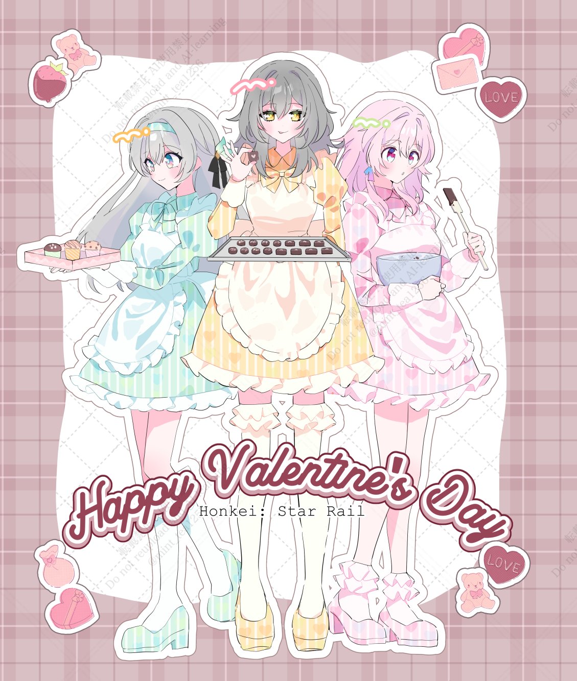 3girls, alternate_costume, blue_eyes, chocolate, commentary_request, copyright_name, dress, earrings