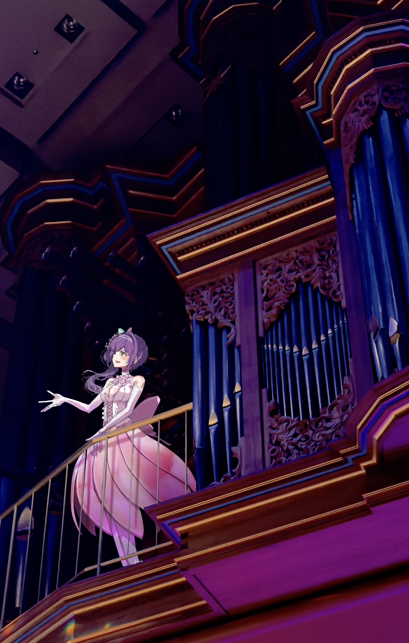 1girl, :d, armpit_crease, aurora_flower_(love_live!), bare_shoulders, breasts, butterfly_hair_ornament, commentary_request