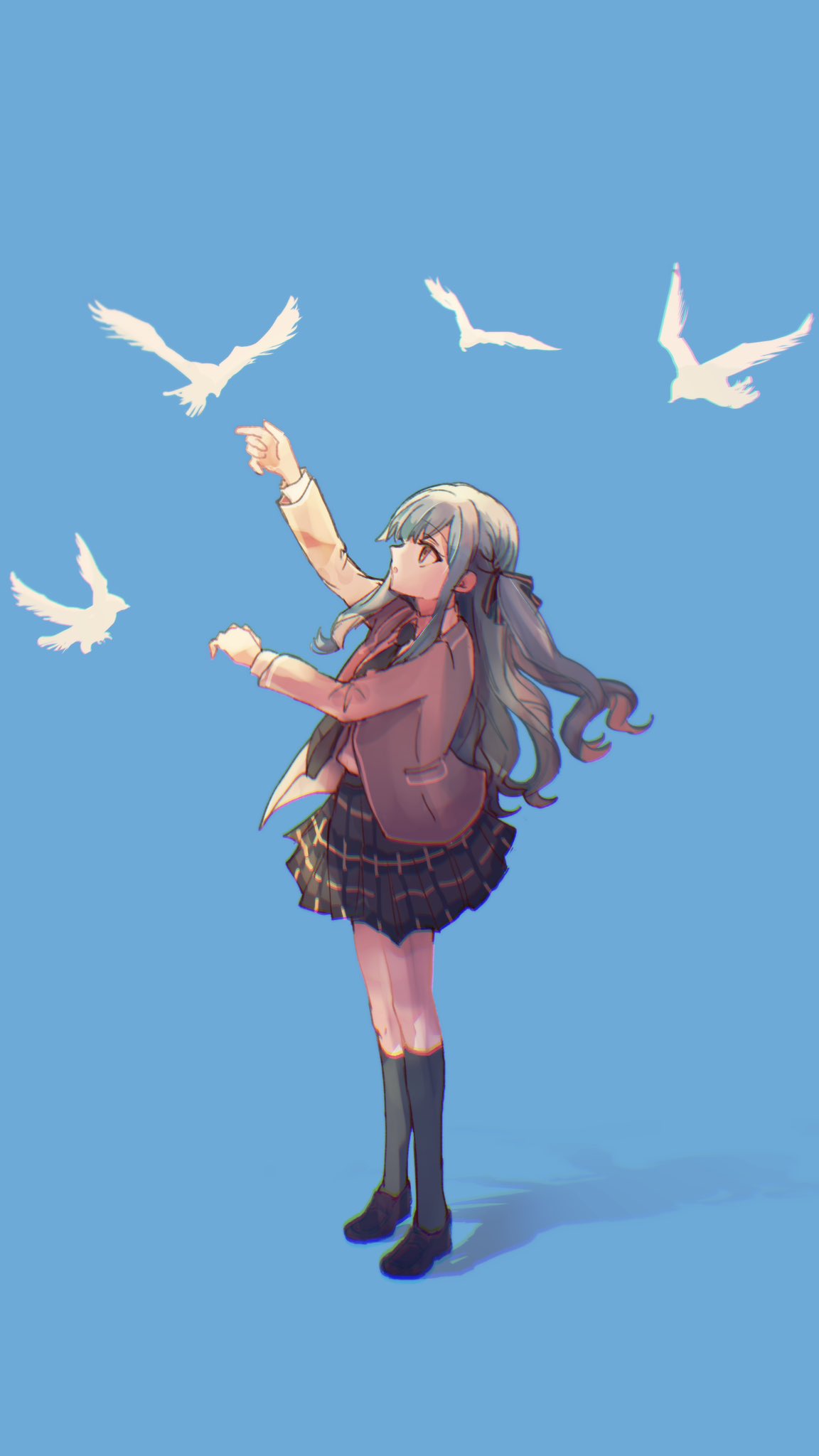 1girl, bang_dream!, bang_dream!_it's_mygo!!!!!, bird, black_ribbon, blue_background, blue_hair, commentary_request, full_body, green_necktie, green_skirt, green_socks, grey_jacket, hair_ribbon, haneoka_school_uniform, highres, jacket, kneehighs, long_hair, long_sleeves, necktie, open_mouth, plaid_clothes, plaid_skirt, pleated_skirt, ribbon, school_uniform, setou_(bpdne), shadow, sidelocks, simple_background, skirt, socks, solo, togawa_sakiko, yellow_eyes