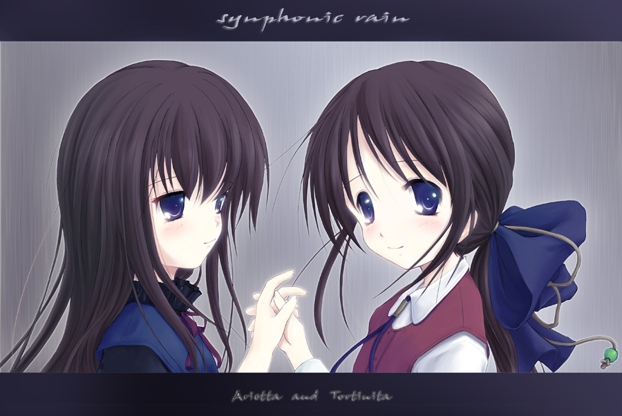 arietta_fine, bad_id, blue_eyes, brown_hair, long_hair, multiple_girls, ponytail, ribbon