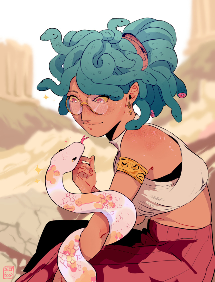 1girl, beebeedibapbeediboop, crop_top, glasses, greek_mythology, highres, looking_at_another, medusa_(mythology)
