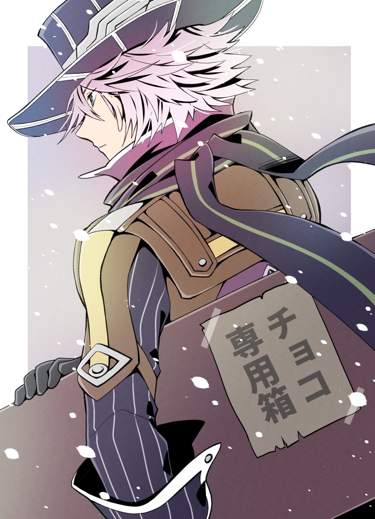 1boy, bag, black_coat, black_hat, border, closed_mouth, coat, commentary_request