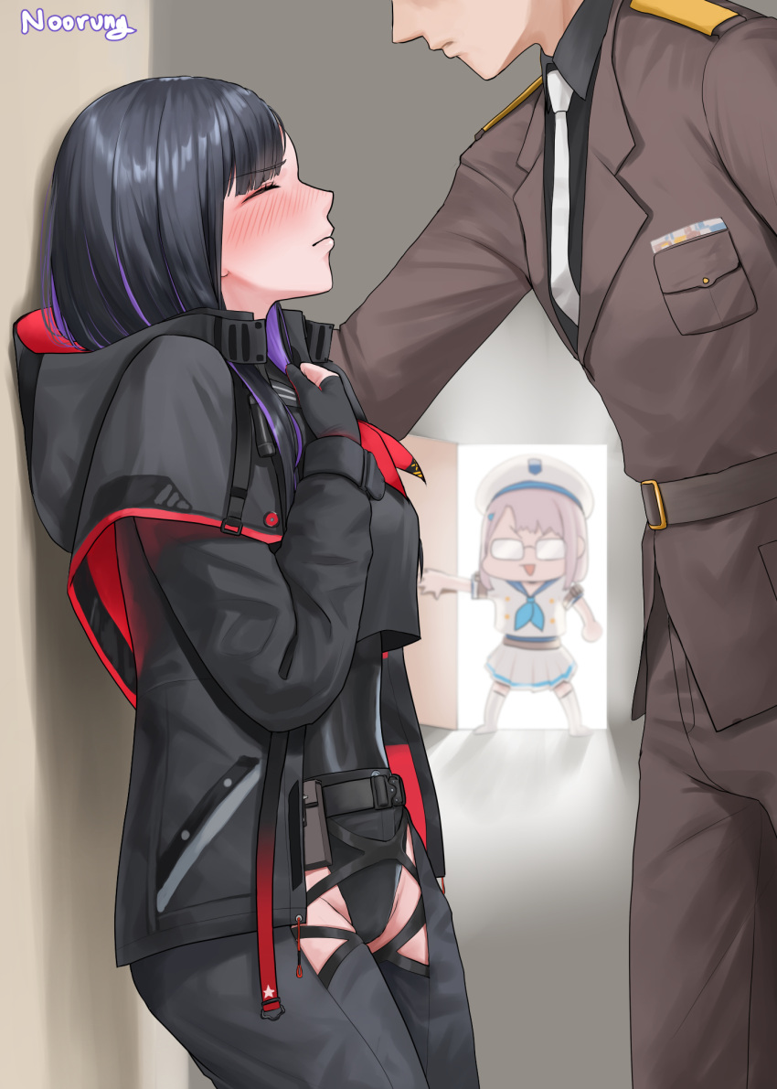 1boy, 2girls, :d, belt, beret, black_gloves, black_hair, blush