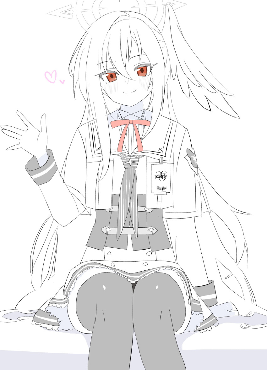 1girl, absurdres, blue_archive, blush, commentary_request, greyscale, hair_between_eyes, halo