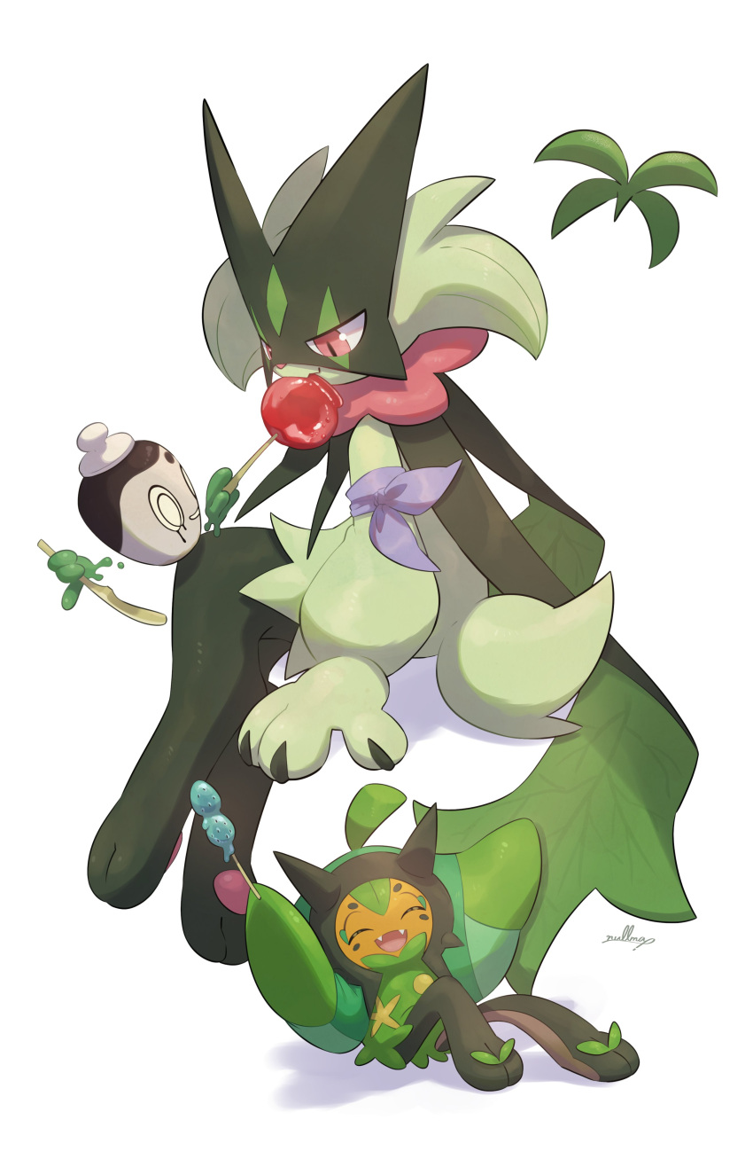 1girl, 1other, ^_^, absurdres, candy_apple, closed_eyes, fangs, floating