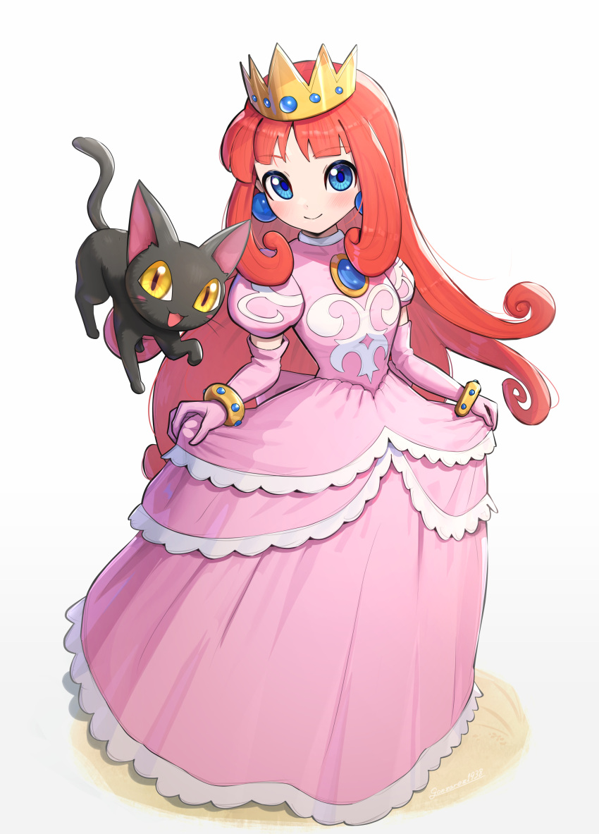 1girl, absurdres, black_cat_(wario_land), blue_eyes, bracelet, cat, crown, dress