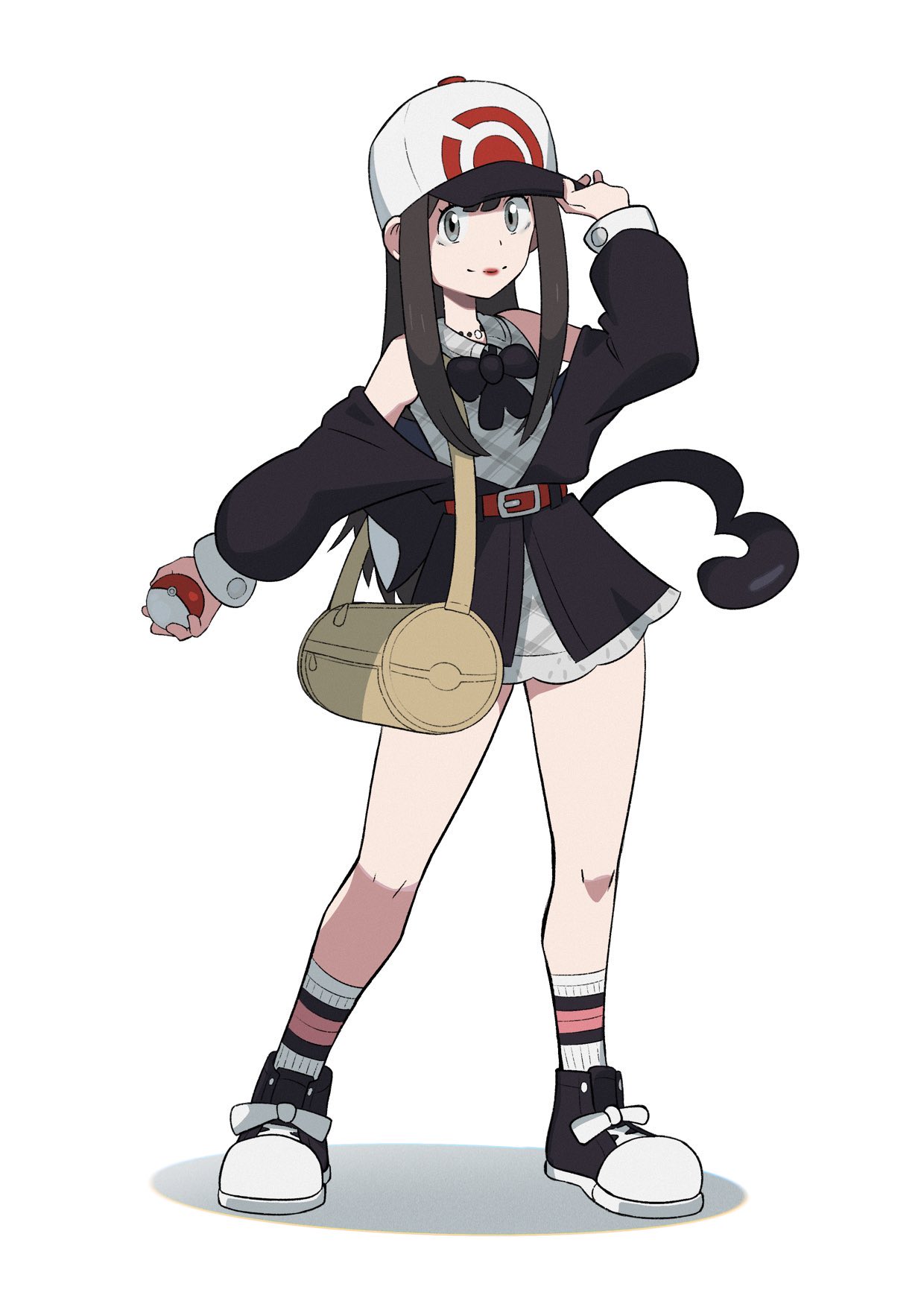 1girl, alternate_costume, bag, baseball_cap, belt, black_hair, closed_mouth, commentary
