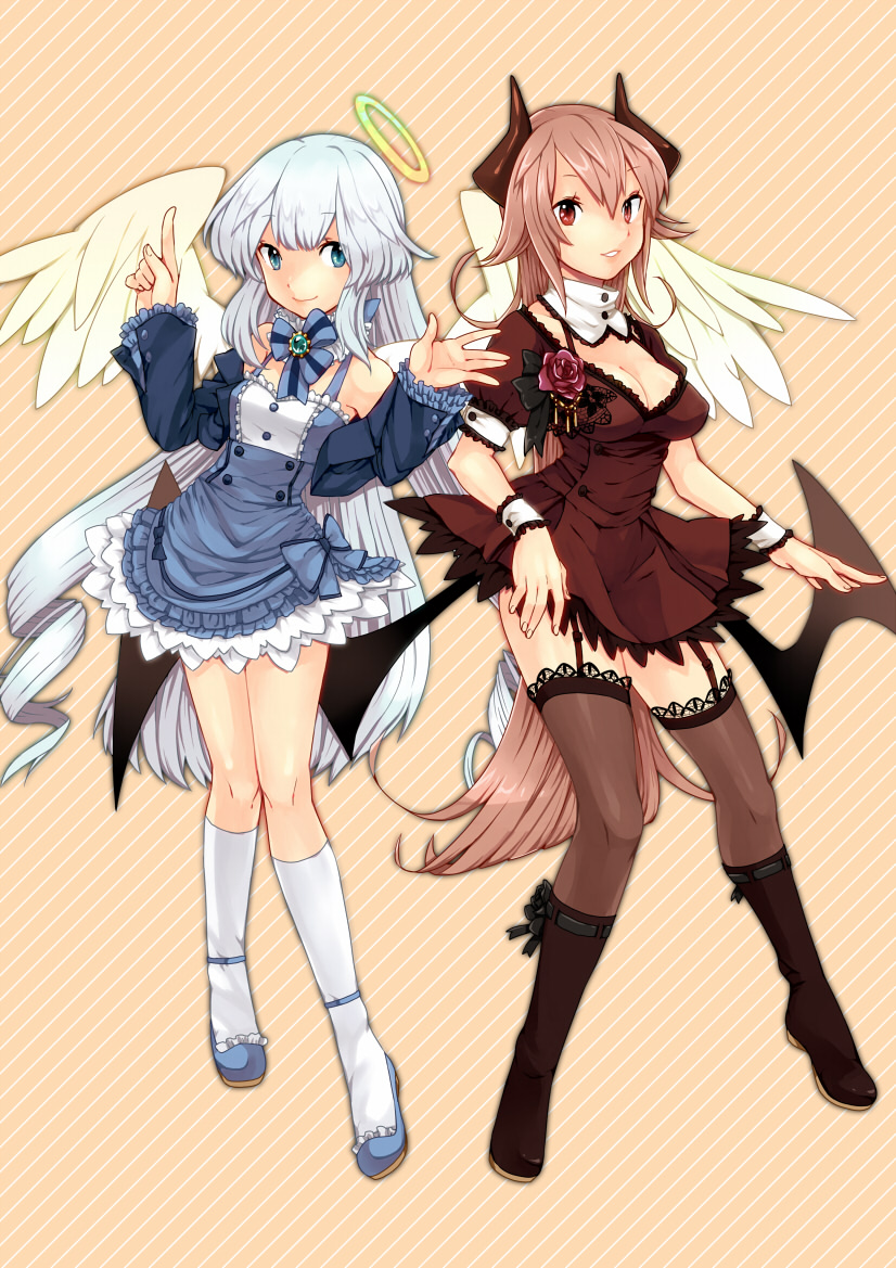 angel_and_devil, blue_eyes, blue_hair, breasts, cleavage, demon_wings, dress, frills