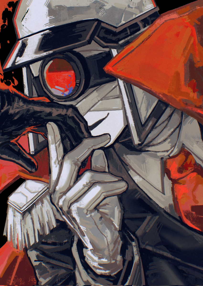 1boy, 1other, bandaged_head, bandages, black_gloves, black_jacket, cape, collared_cape