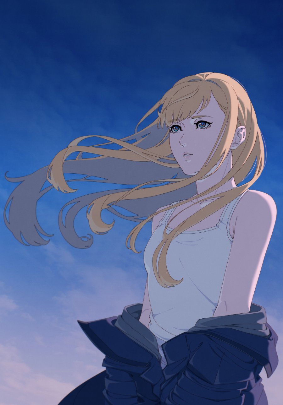 1girl, armpit_crease, bare_shoulders, blonde_hair, blue_eyes, blue_jacket, clouds, collarbone