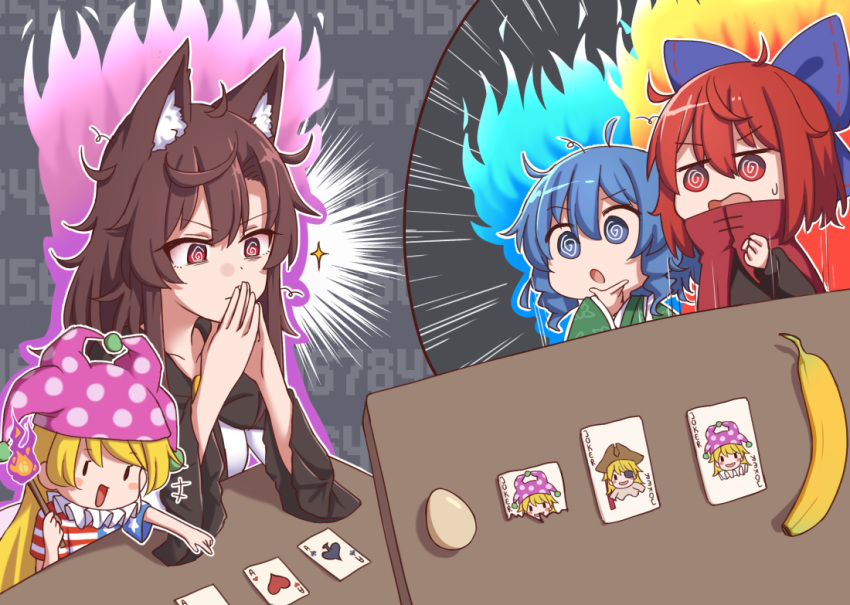 4girls, @_@, ace_(playing_card), ace_of_hearts, ace_of_spades, american_flag_dress, animal_ears, balatro