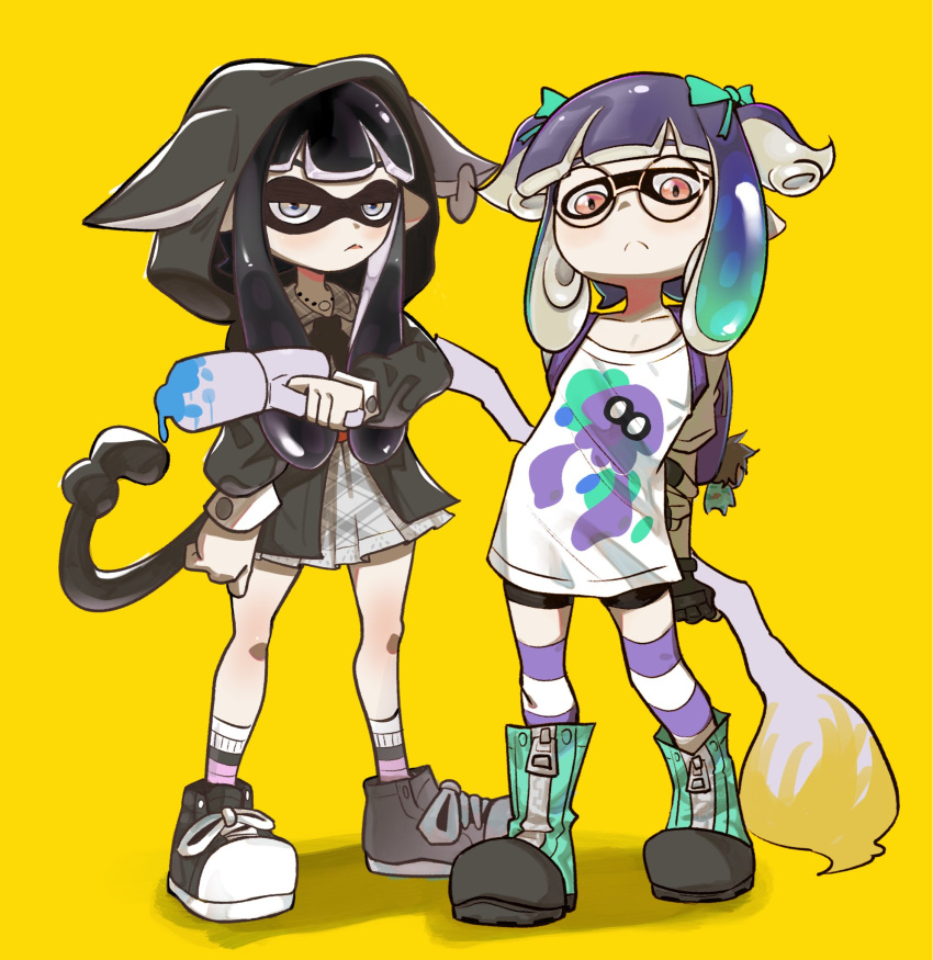 2girls, alternate_species, black_hair, black_hoodie, black_shoes, colored_tips, commentary, english_commentary