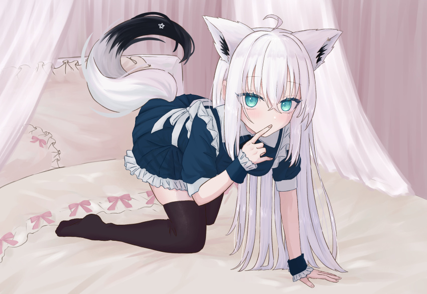 1girl, ahoge, akina_(user_ucnd3578), all_fours, animal_ear_fluff, animal_ears, black_thighhighs, blue_dress, blush, braid, commentary_request, dress, earrings, extra_ears, finger_to_mouth, fox_ears, fox_girl, fox_tail, green_eyes, hair_between_eyes, highres, hololive, index_finger_raised, jewelry, long_hair, looking_at_viewer, maid, on_bed, pentagram, shirakami_fubuki, sidelocks, single_braid, solo, tail, thigh-highs, virtual_youtuber, white_hair, wrist_cuffs, zettai_ryouiki