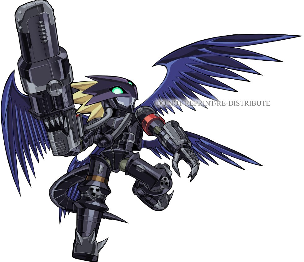 1boy, arm_cannon, armor, beelzebu_satan, beelzebumon, beelzebumon_blast_mode, black_armor, black_wings, blonde_hair, green_eyes, humanoid_robot, male_focus, medarot, multiple_wings, pillar_buster, robot, short_hair, simple_background, solo, spiky_hair, third_eye, watermark, weapon, white_background, wings