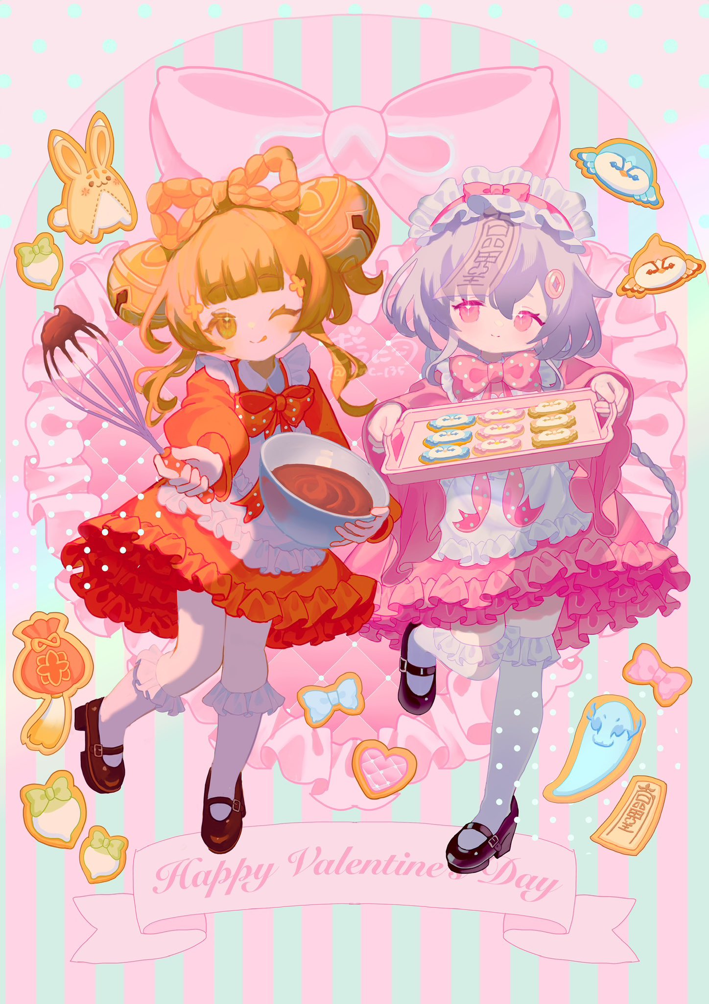 2girls, ;p, apron, bell, black_shoes, blunt_bangs, bow, bowl, bowtie, braid, brown_hair, child, chocolate, cookie, dress, food, frilled_dress, frilled_socks, frills, full_body, genshin_impact, giuniu_(unc_135), hair_bell, hair_ornament, happy_valentine, highres, holding, holding_bowl, holding_tray, holding_whisk, kneehighs, long_hair, long_sleeves, looking_at_viewer, maid_headdress, medium_dress, multiple_girls, no_pupils, one_eye_closed, orange_eyes, pink_background, pink_bow, pink_bowtie, pink_dress, pink_eyes, polka_dot, polka_dot_apron, polka_dot_bow, purple_hair, qiqi_(genshin_impact), red_bow, red_bowtie, red_dress, sidelocks, smile, socks, sparkling_eyes, standing, standing_on_one_leg, tongue, tongue_out, tray, vertical-striped_background, whisk, white_headdress, white_socks, wide_sleeves, yaoyao_(genshin_impact)