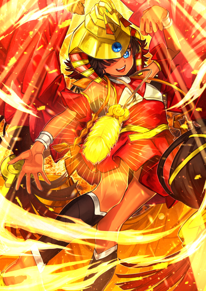 1girl, black_hair, conductor_of_nephthys, dark_skin, dress, feet_out_of_frame, fuji_tarawi, glowing_feather
