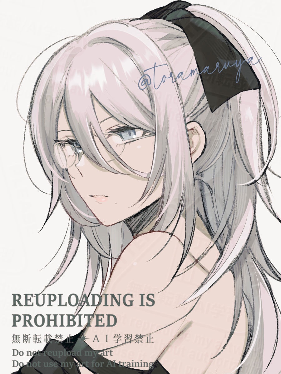 1girl, a2_(nier:automata), android, artist_name, bare_shoulders, bespectacled, blue_eyes, commentary_request, eyelashes, glasses, highres, kurosawa_kazuto, long_hair, loose_hair_strand, nier:automata, nier_(series), parted_lips, pink_lips, solo, upper_body, white_hair