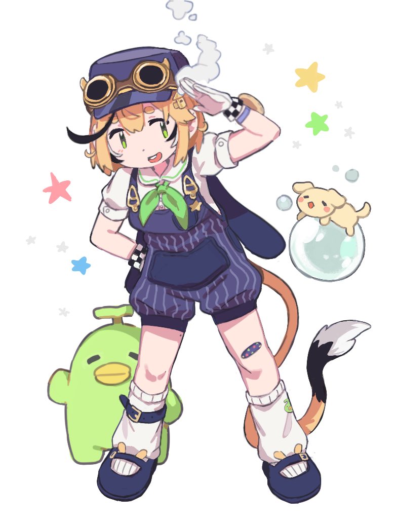 1girl, arm_up, bandaid, bandaid_on_leg, black_shoes, blonde_hair, blue_hat, blue_overalls