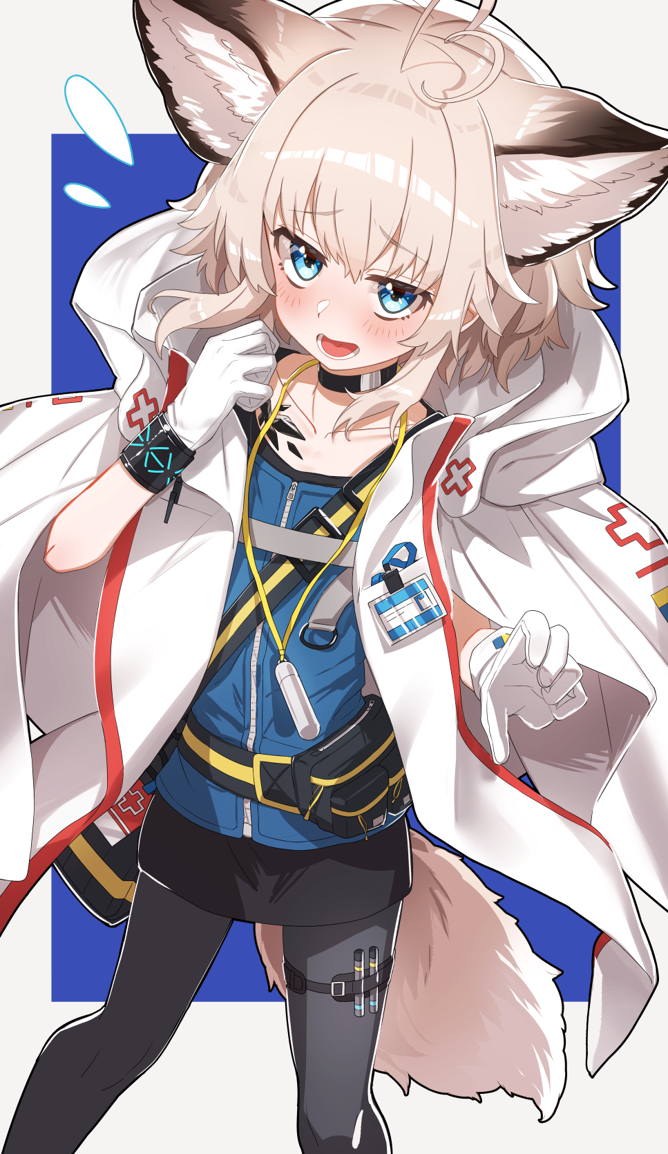 1girl, ahoge, animal_ears, arknights, black_pants, blue_eyes, blue_shirt, blush, cowboy_shot, flustered, flying_sweatdrops, fox_ears, fox_girl, fox_tail, fuji_tarawi, gloves, grey_hair, heart, heart_ahoge, highres, jacket, looking_at_viewer, material_growth, oripathy_lesion_(arknights), pants, shirt, solo, sussurro_(arknights), tail, white_gloves, white_jacket