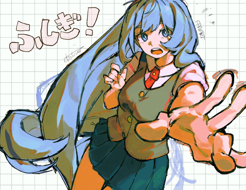 1girl, asatte_3z, black_vest, blue_eyes, blue_hair, blue_skirt, boku_no_hero_academia, breasts