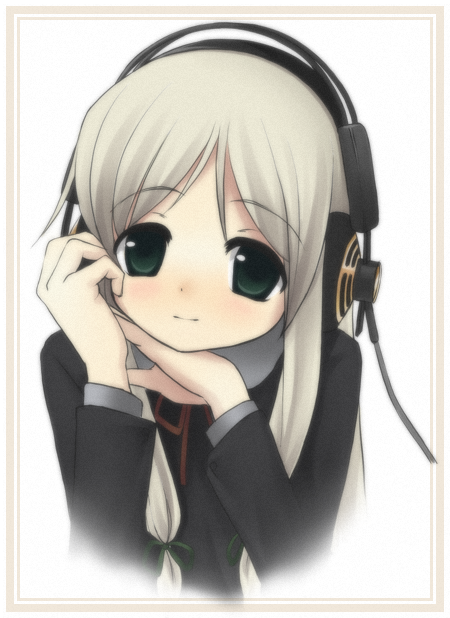 falsita_fawcett, green_eyes, headphones, long_hair, nigiriushi, ponytail, ribbon, school_uniform