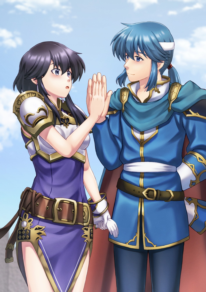 1boy, 1girl, :o, armor, belt, black_hair, blue_hair, blue_sky